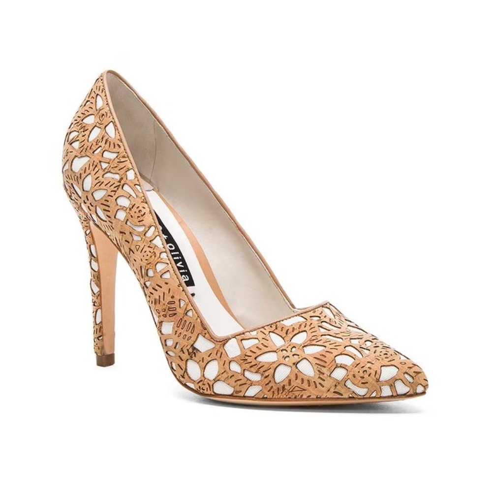 NWOT Alice + Olivia Dina Heel Natural Laser Cut Cork & White Canvas Sz 7…